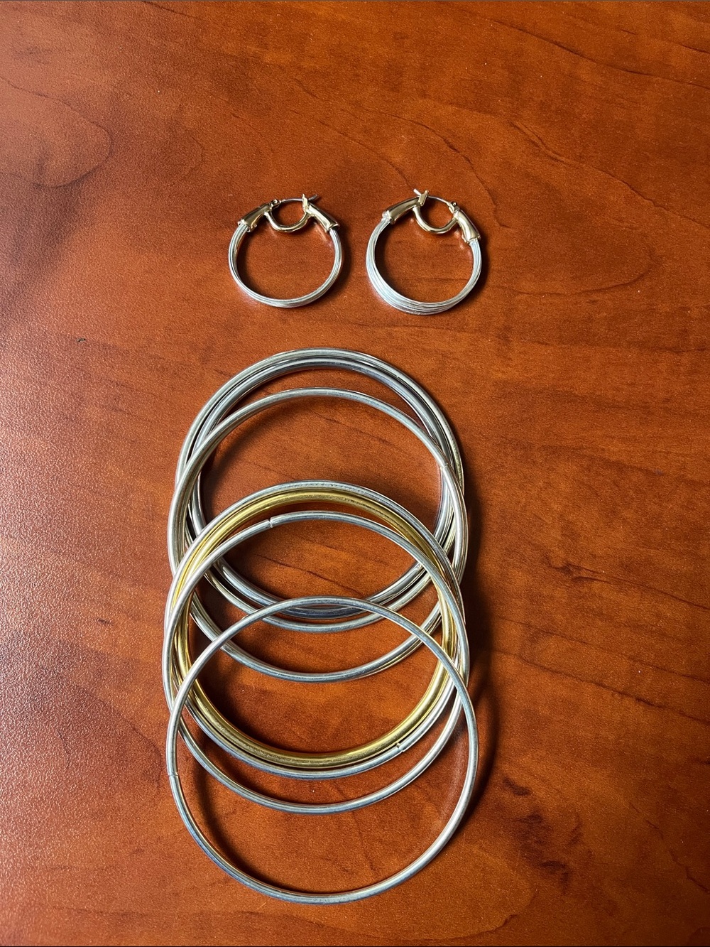 Mixed Metal Bangle Stack with Hoop Earrings - Gold & Silver. Stainless Steel.